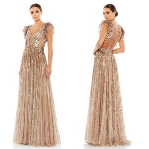 Mac Duggal Women's Sequined Cut Out Ruffled Cap Sleeve Lace Up Gown 8 Wedding